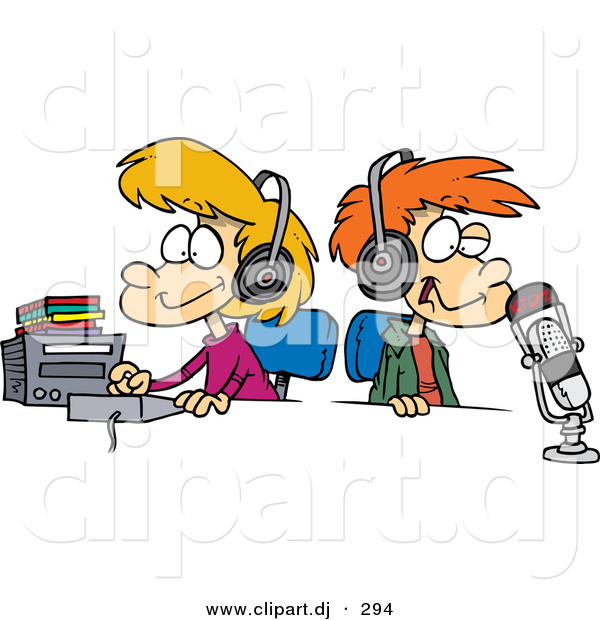 Cartoon Vector Clipart Of A Happy Boy And Girl Wearing Headphones In A