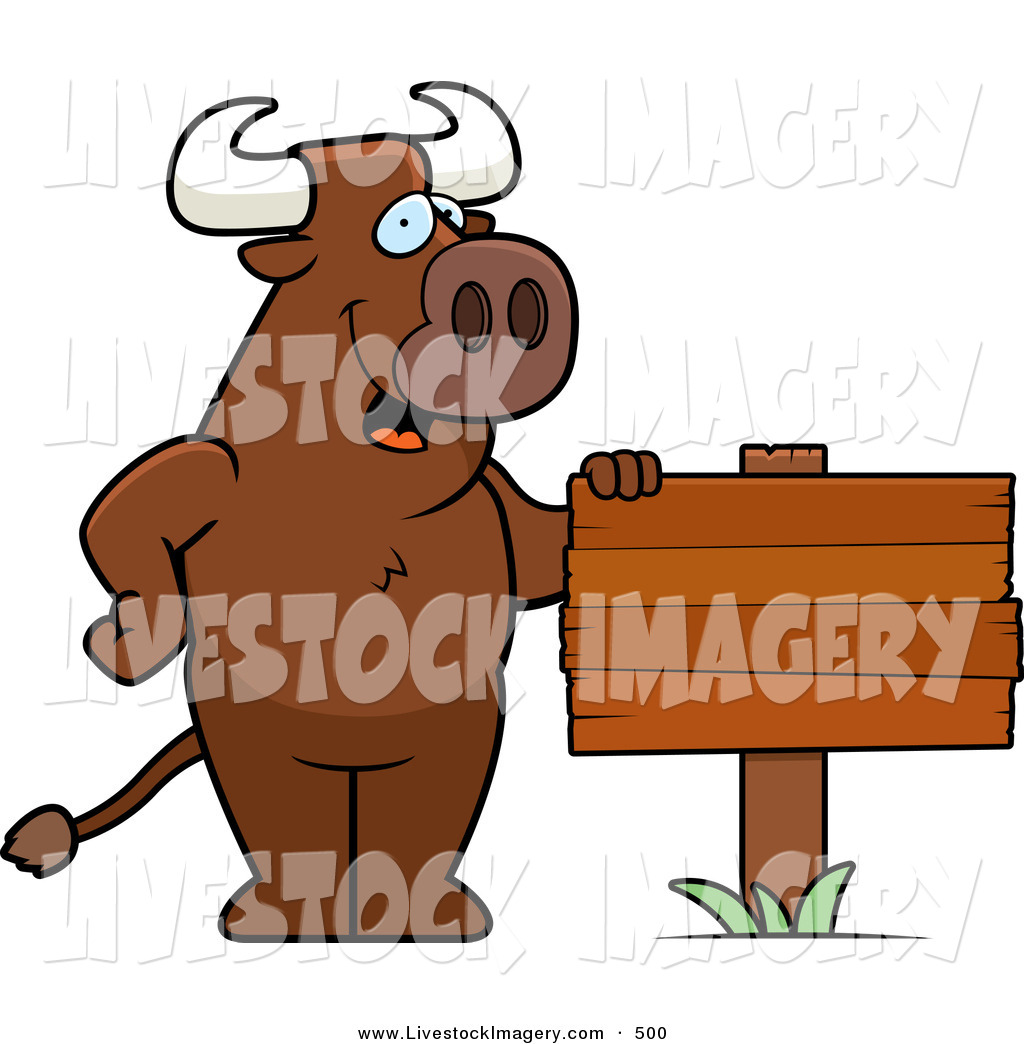 Clip Art Of A Friendly Bull Standing By A Blank Planted Wood Sign By    