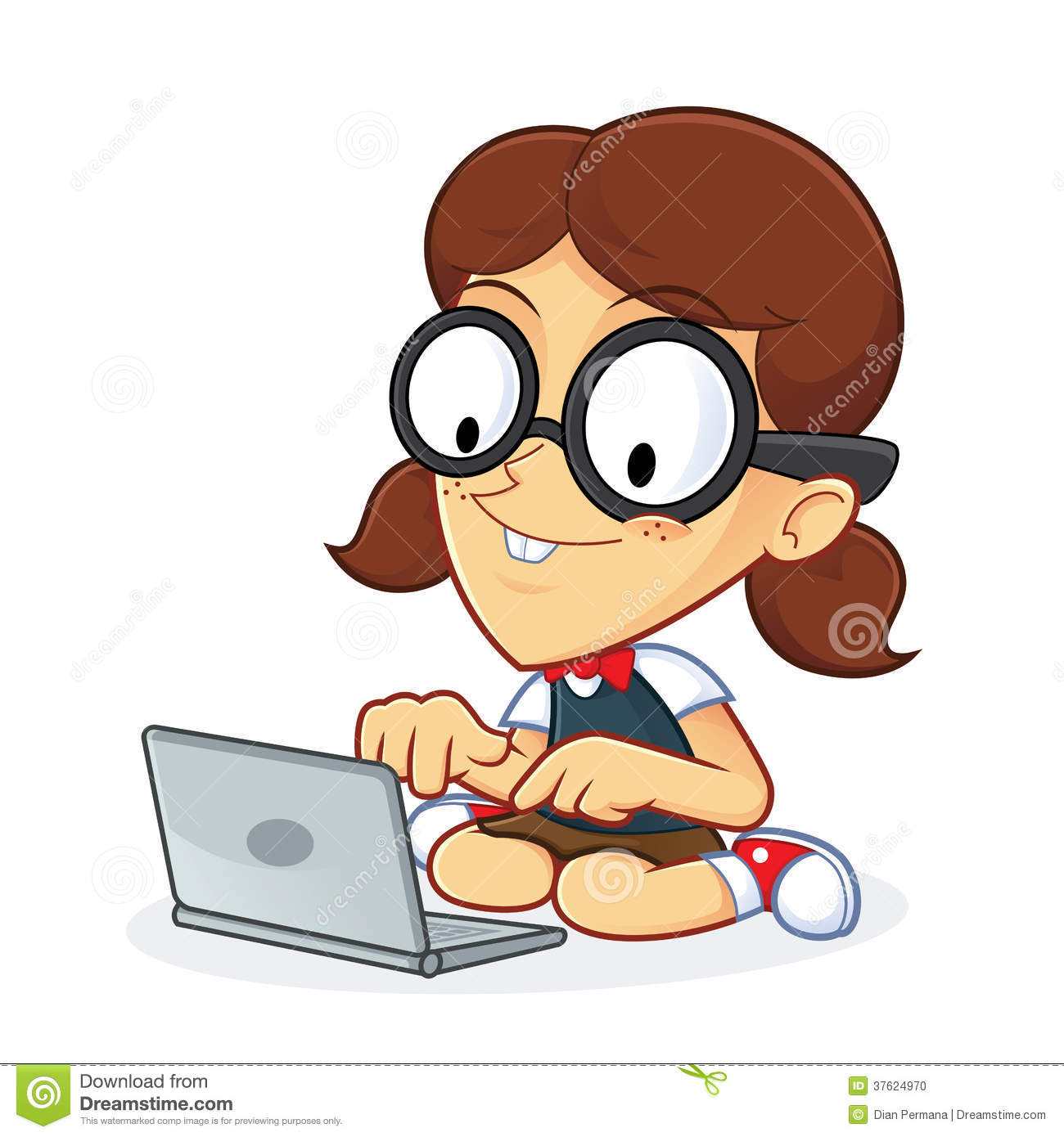 Clipart Picture Of A Girl Geek Cartoon Character With Laptop