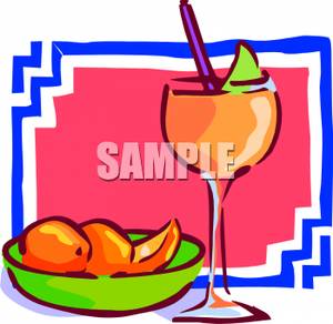 Colorful Cartoon Of A Bowl Of Fruit And A Fruit Cocktail Drink