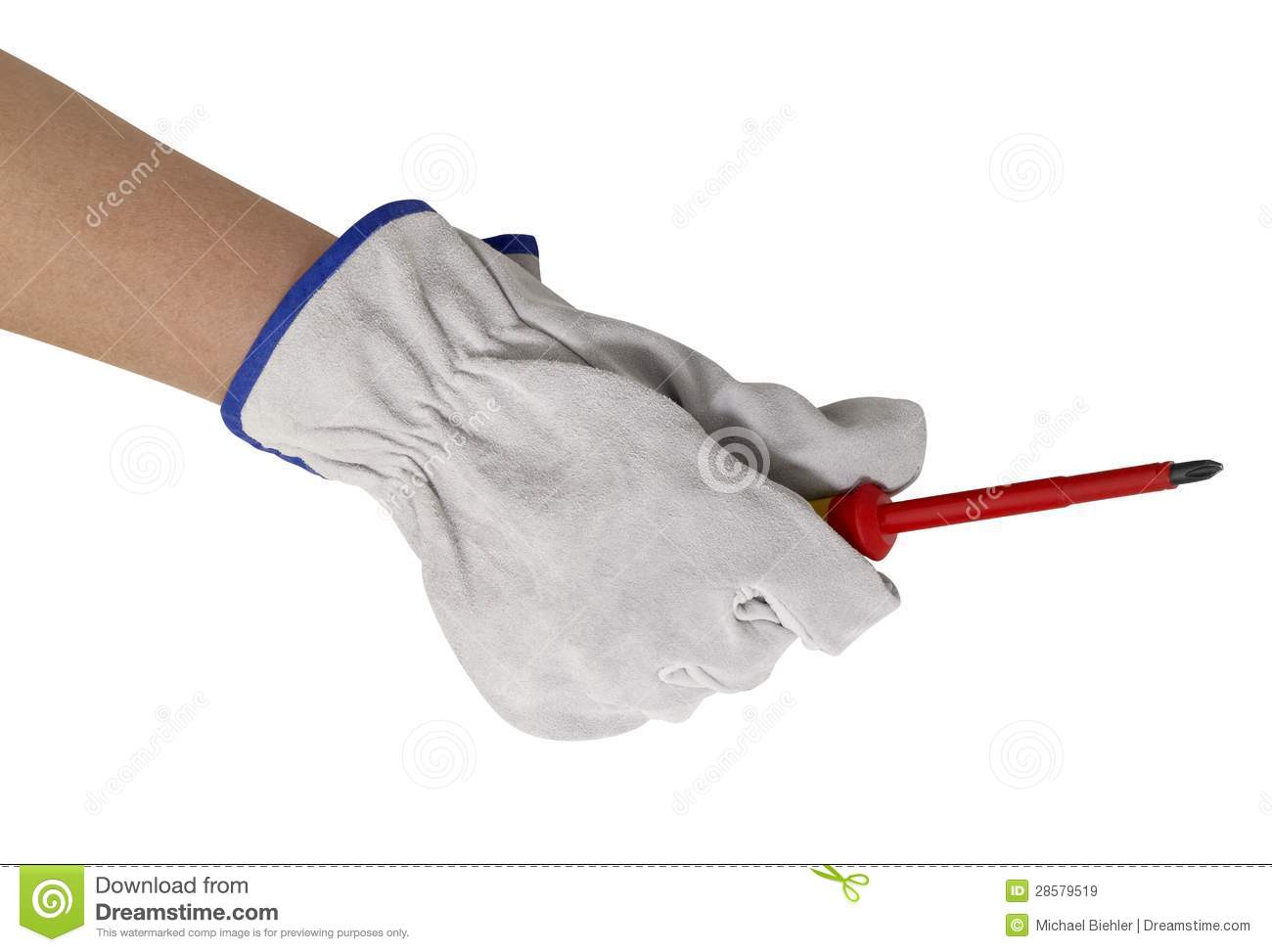 Hand Gloved With A Light Grey Working Glove Holding A Screwdriver