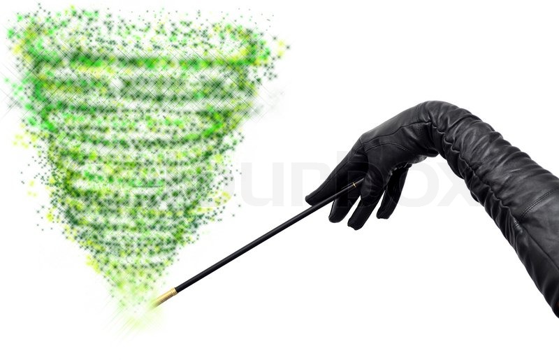 Magician Hands In Long Black Gloves Holding Magic Wand And Casting