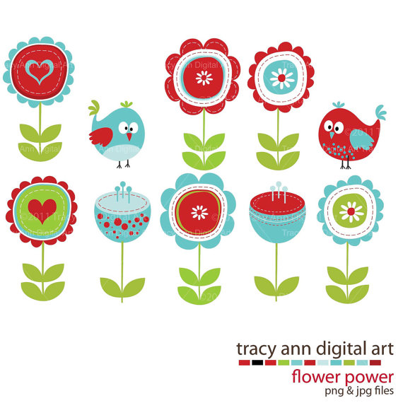 Red And Blue Clip Art Flowers And Birds  This Set Of Clip Art Comes To