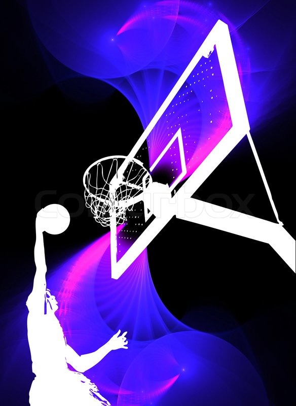 Slam Dunking The Ball Over A Swirly Purple Background Stock Photo