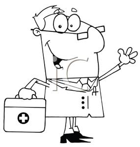 Black And White Cartoon Of A Physician With A First Aid Kit