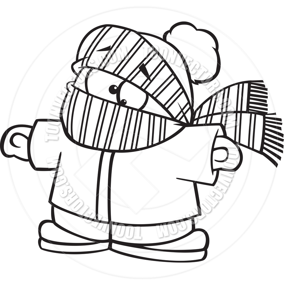 Cartoon Boy Bundled Up In Winter Clothes  Black   White Line Art  By