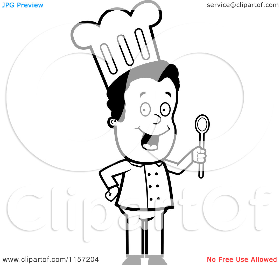 Cartoon Clipart Of A Black And White Happy Chef Man Holding A Spoon