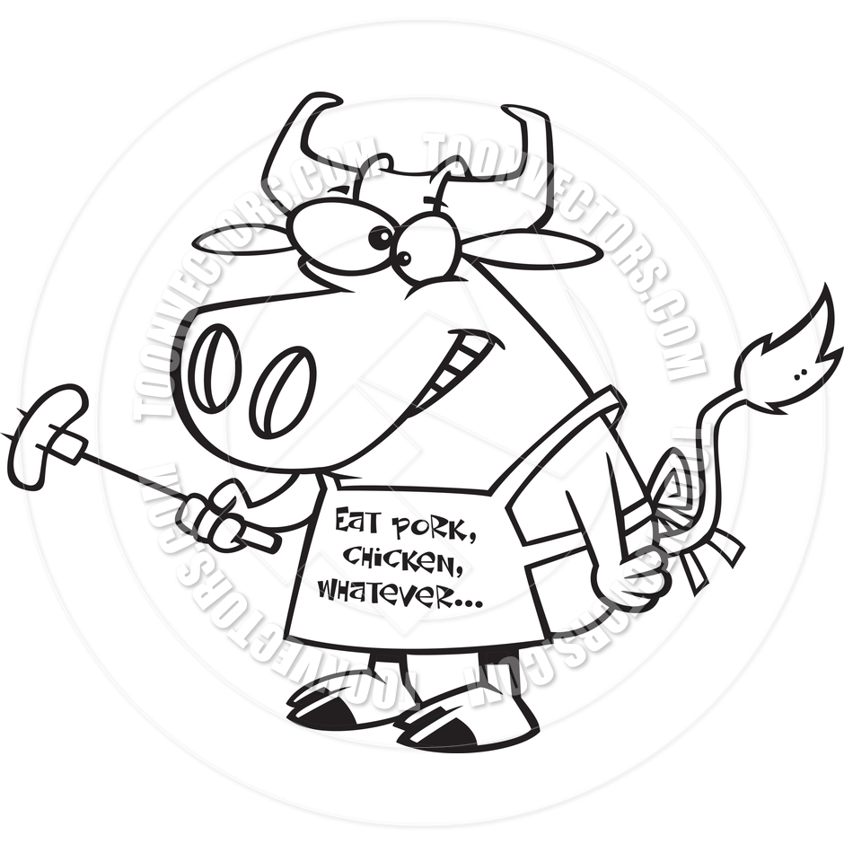 Cartoon Cow Barbecue Chef  Black And White Line Art  By Ron Leishman