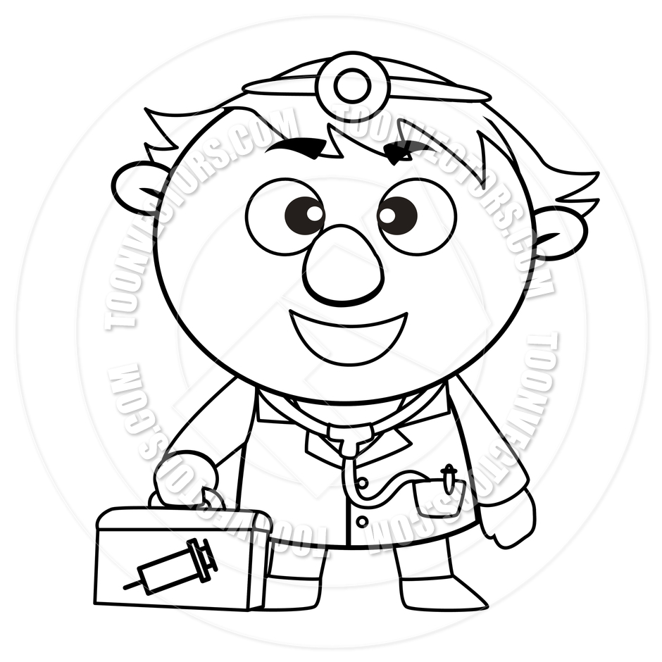 Cartoon Doctor With First Aid Kit  Black And White Line Art  By    