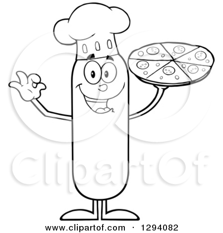 Clipart Of A Cartoon Black And White Happy Sausage Chef Character