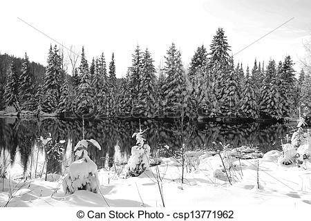 Image Of Winter Scene Abroad A Lake In Quebec Canda Black And White    