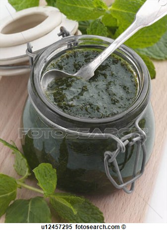 Jar Of Mint Sauce With A Spoon And Fresh Leaves View Large Photo