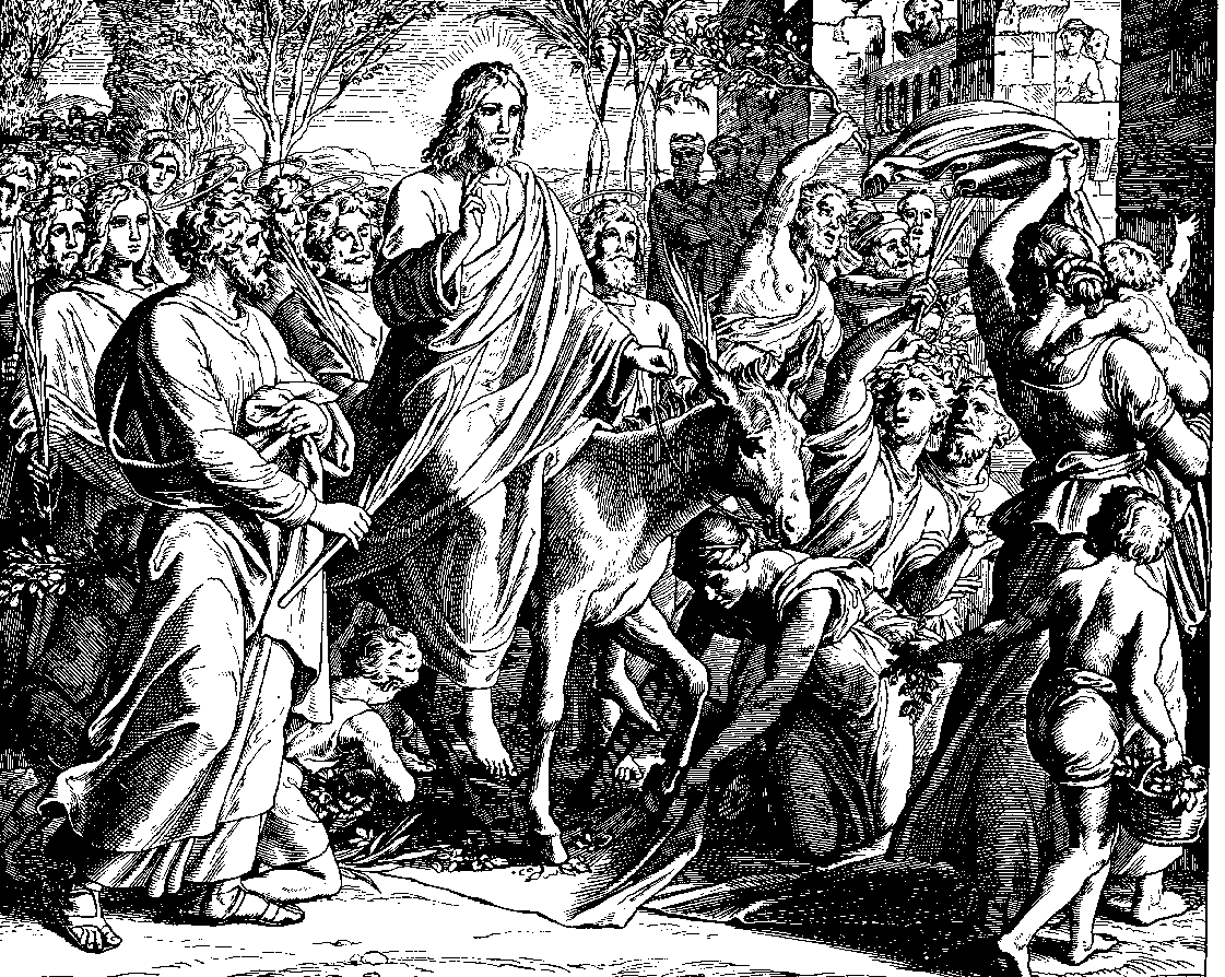 Jesus On Donkey Entering Into Jerusalem And Apostles People Around    