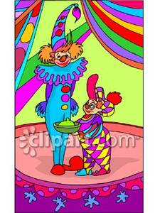 Tall Clown And A Short Clown Performing   Royalty Free Clipart