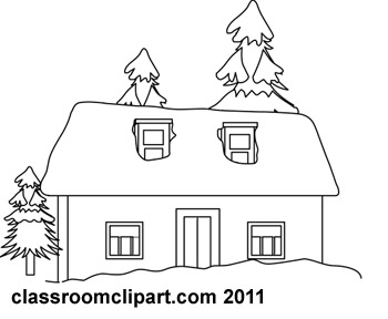 Weather   Winter Snow House Trees Bw Outline   Classroom Clipart