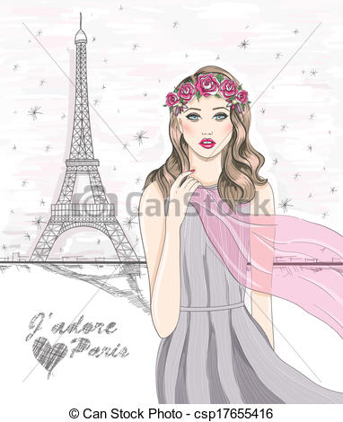 Clip Art Of Paris Postcard   Girl Near Eiffel Tower Hand Drawn Paris