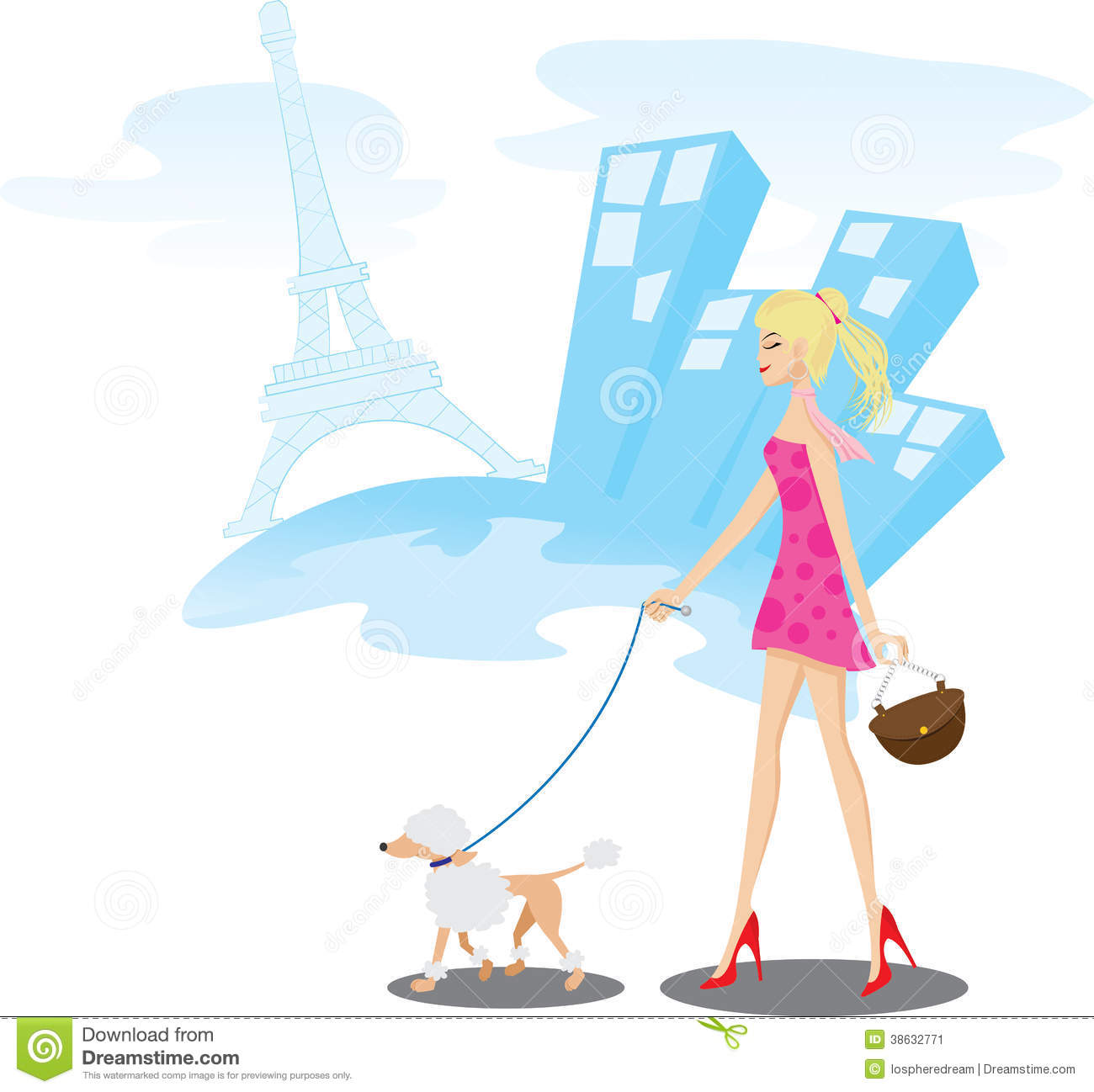 Illustration Of A Girl Walking In Paris With One Poodle Dog Lifestyle