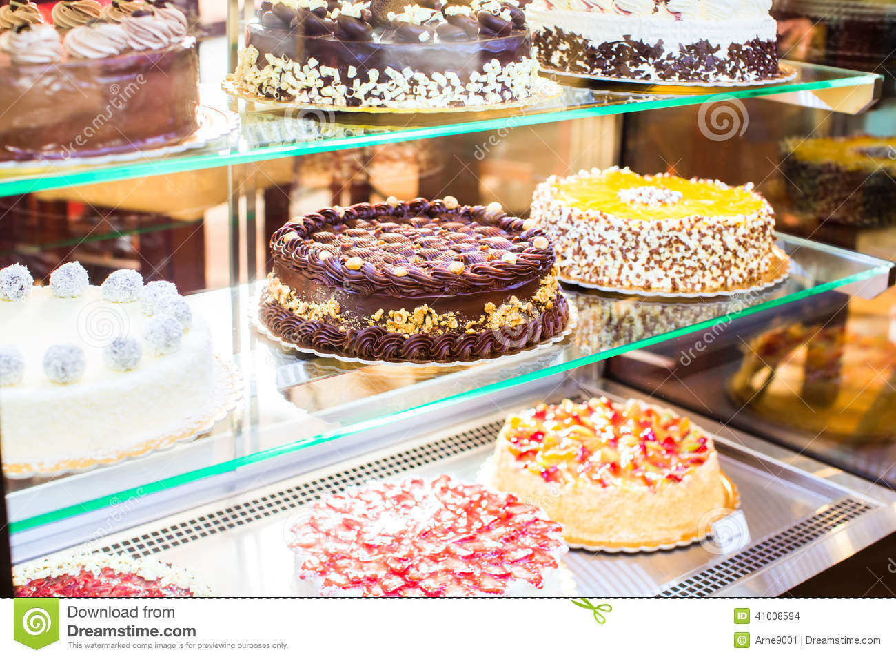 Pastry Shop In Glass Cabinet Display Stock Photo   Image  41008594