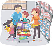 Stickman Family Shopping In A Grocery Store