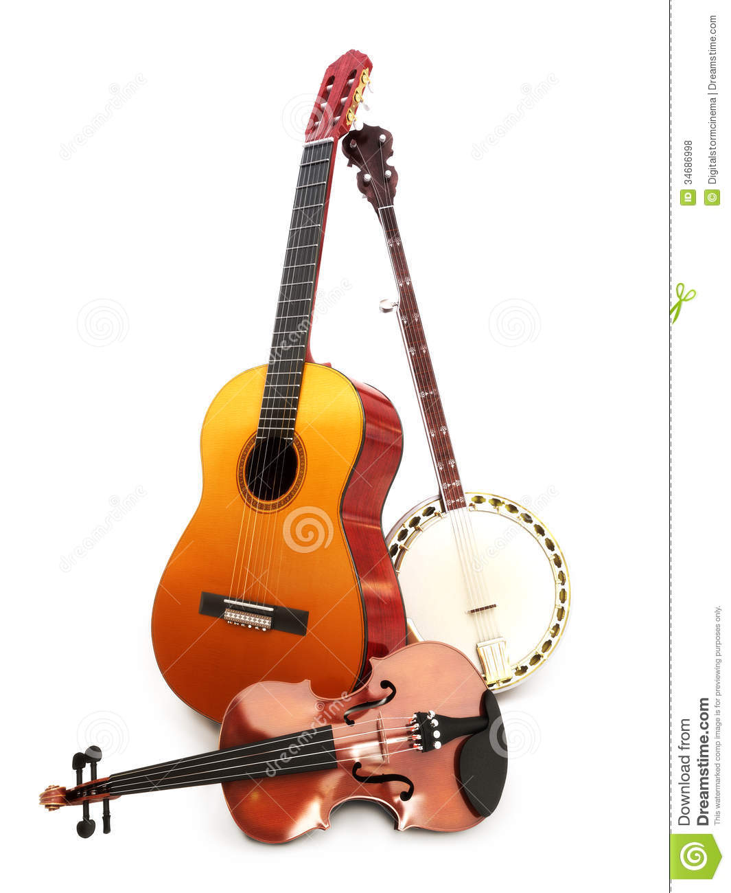 Stringed Music Instruments Guitar Banjo Violin On A White Background