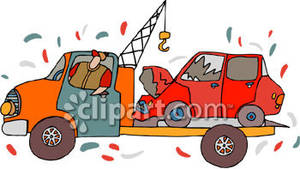 Tow Truck With Wrecked Car On Flatbed Royalty Free Clipart Picture