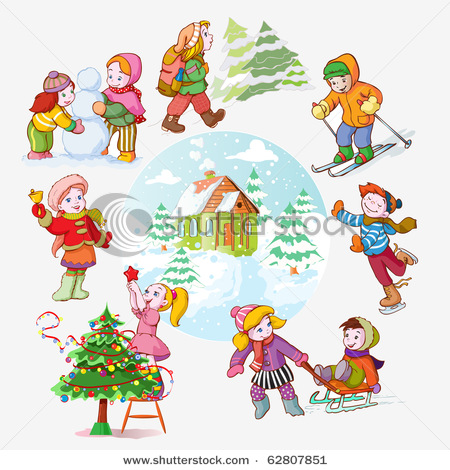 Winter Activities Including Ice Skating In This Vector Clipart