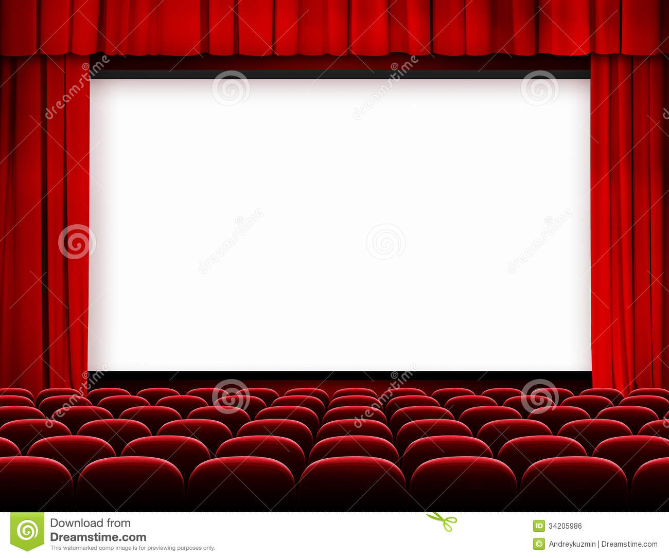 Cinema Screen With Red Curtains And Seats Royalty Free Stock Image