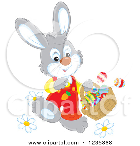 Clipart Of A Cute Cheerful Gray Easter Bunny Sitting On A Pile Of Eggs