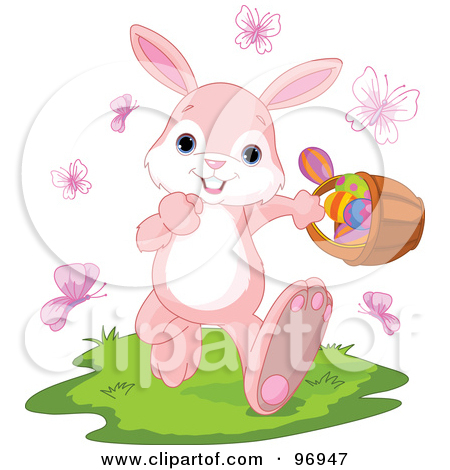 Jolly Pink Bunny Walking Through Butterflies And Grass While Carrying