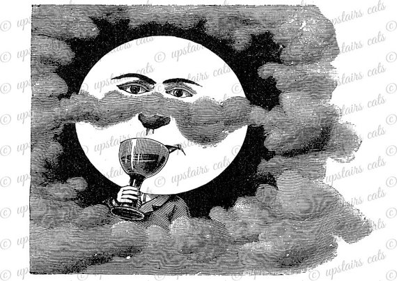 Vintage Victorian Moon Clipart   Antique Steampunk Drinking Moon
