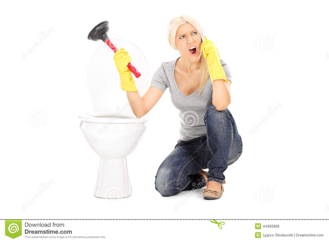 Angry Woman Holding Plunger And Talking On Phone Stock Photo   Image