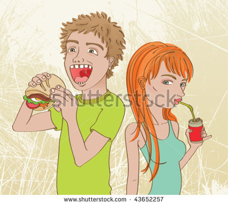 Boy Eating Sandwich Girl Drinking Soda  Vector Illustration Of A