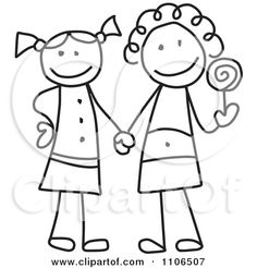 Clipart Black And White Stick Drawing Of Two Best Friend Girls Holding