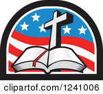 Clipart Of A Christian Cross Adn Open Bible In An American Flag Arch    