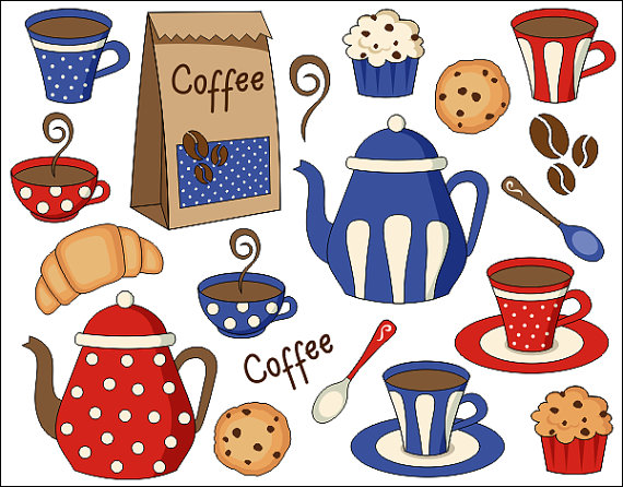 Coffee Time Red And Blue Digital Clip Art Set   Digital Clipart   Pot    