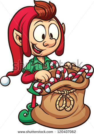 Cute Cartoon Christmas Elf With A Bag Of Candy  Vector Clip Art