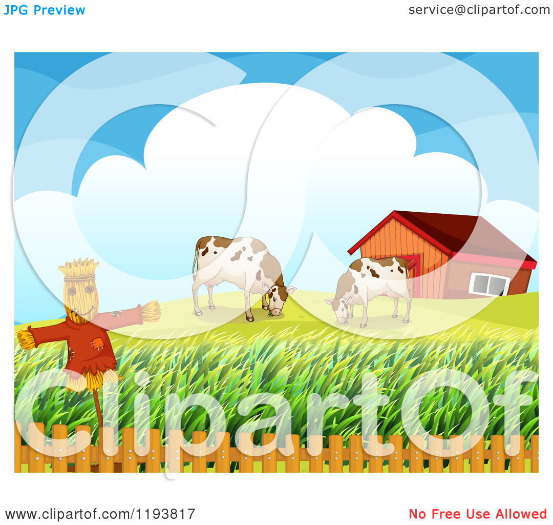 Fence With Grazing Cows And A Barn   Royalty Free Vector Clipart By