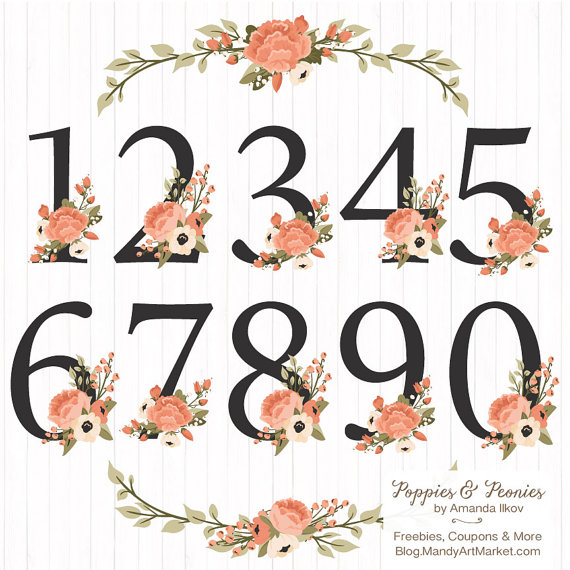 Floral Numbers Clipart   Vectors   Peach Flower Numbers Clipart