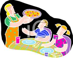 Mother Serving Her Children Pizza   Royalty Free Clipart Picture