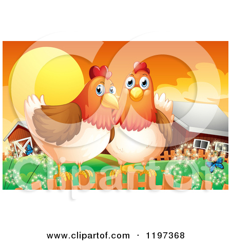 Of Hens On A Fence Near A Barn At Sunset   Royalty Free Vector Clipart