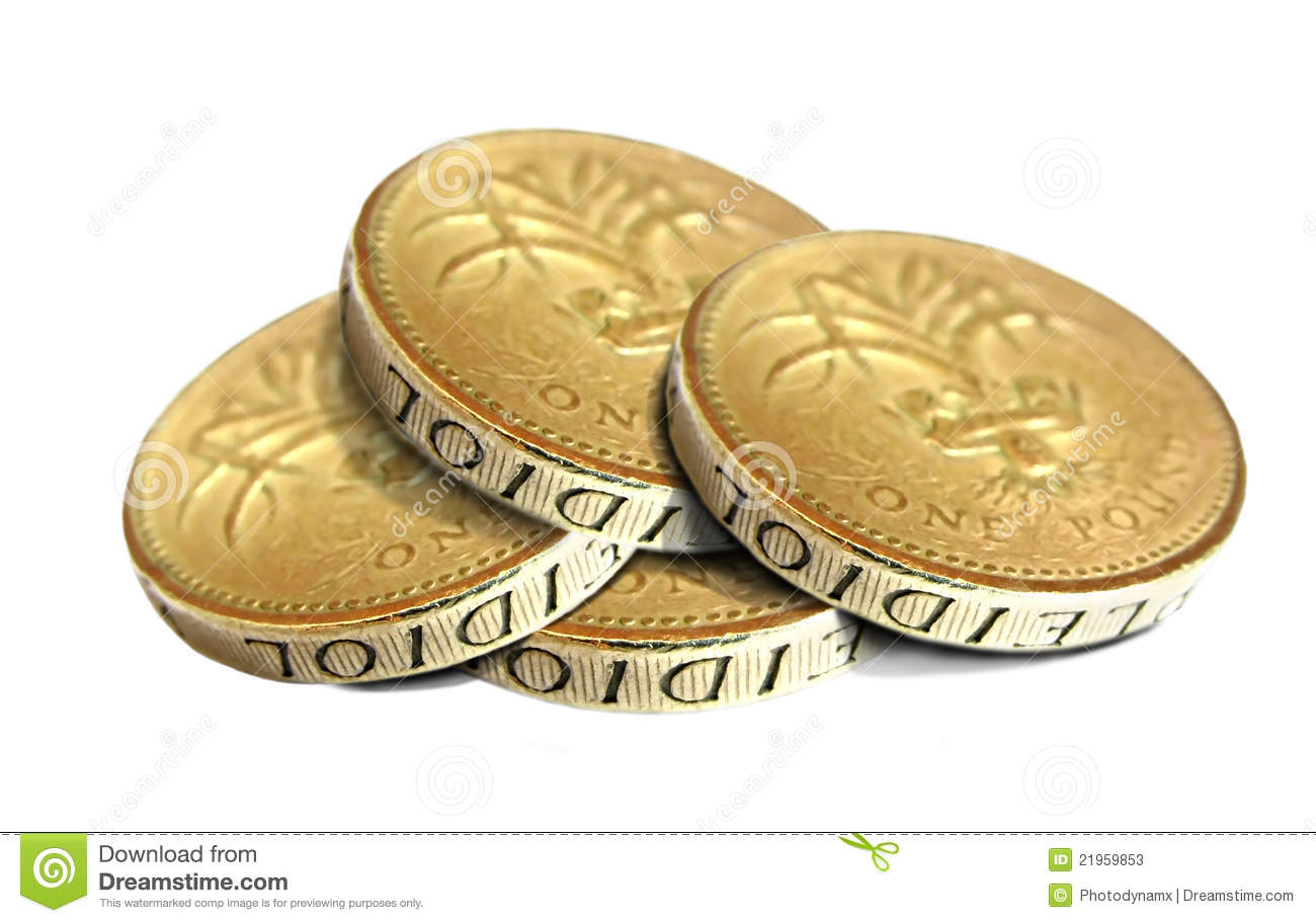 Photo Of A Pile Of Gold Pound Coins Isolated On White Background 