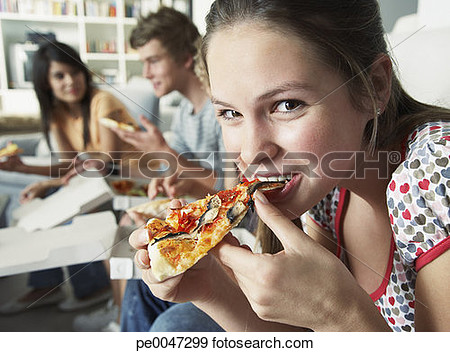 Stock Photograph   Friends Eating Pizza  Fotosearch   Search Stock