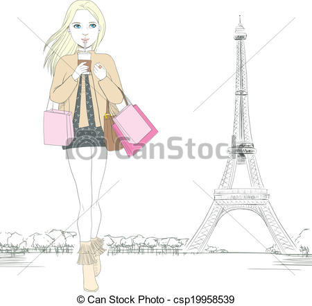 Vectors Of Paris Fashion Girl   Beautiful Woman Walking While Drinking