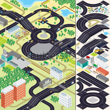 3d Isometric City Map Vector Set Include  Buildings Vegetations Cars    