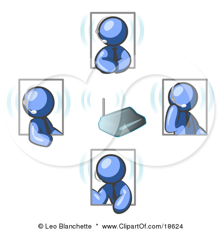 Blue Men Holding A Phone Meeting And Wearing Wireless Headsets