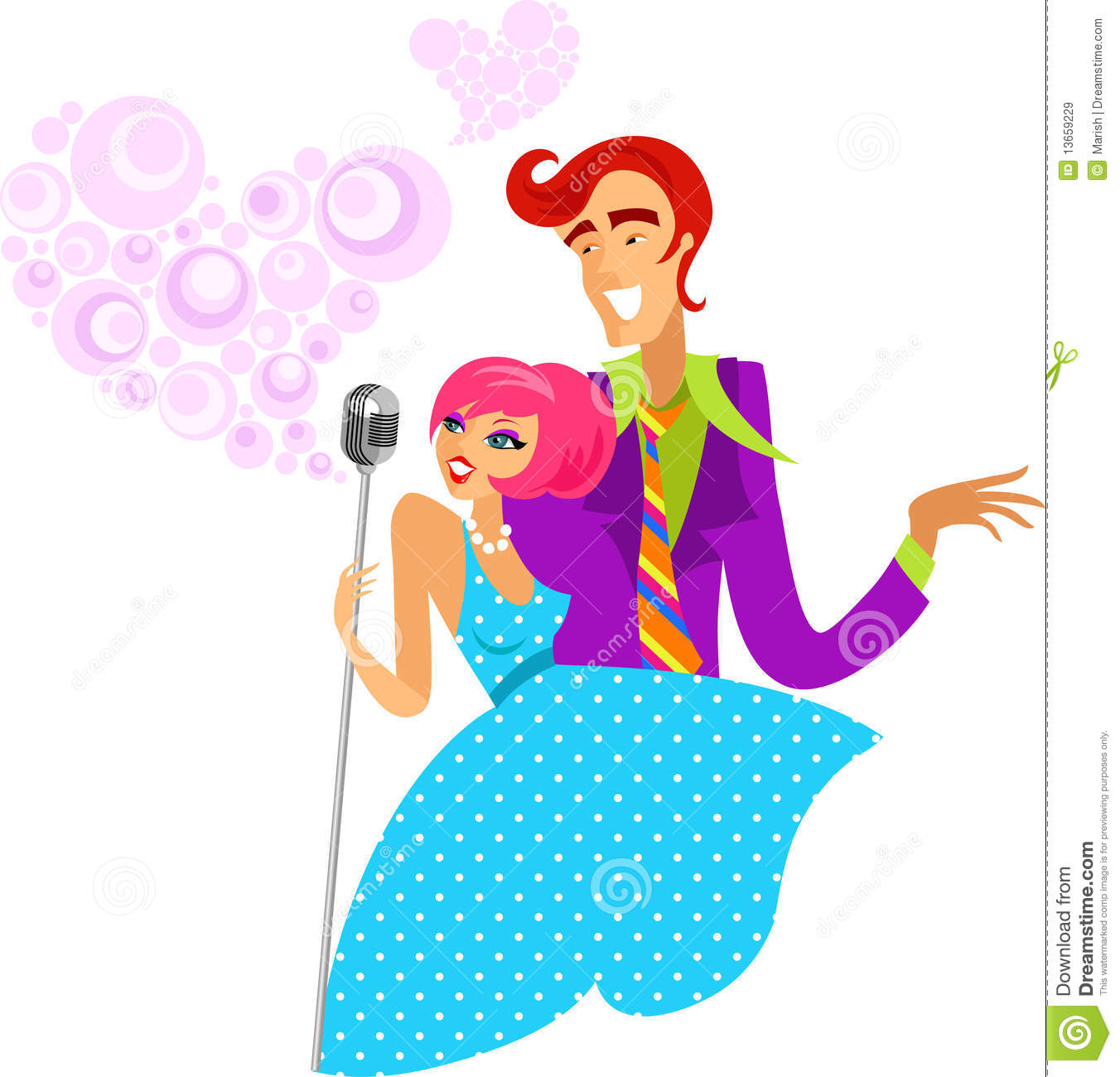 Boy And Girl Singing In Retro Mic Brightly Colored Illustration In