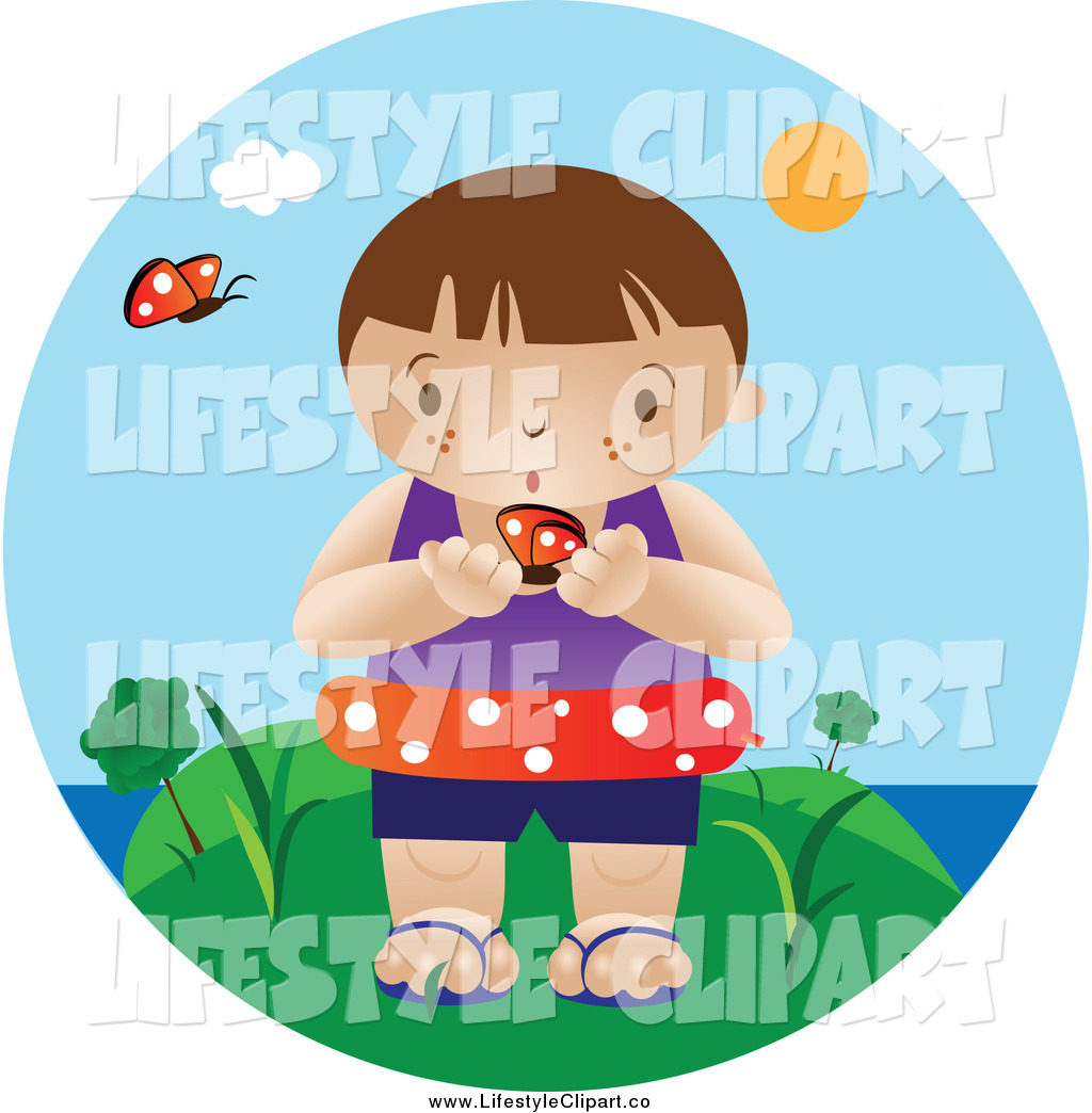 Clip Art Of A Curious Boy Wearing An Inner Tube And Holding A