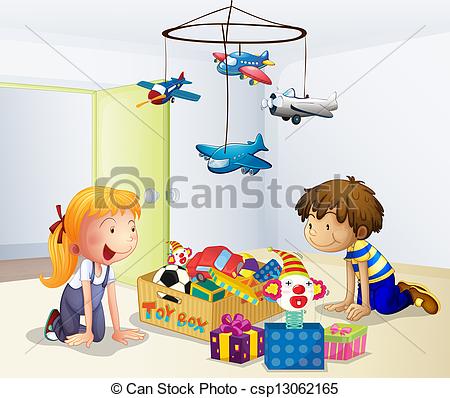 Clip Art Vector Of A Boy And A Girl Playing Inside The House