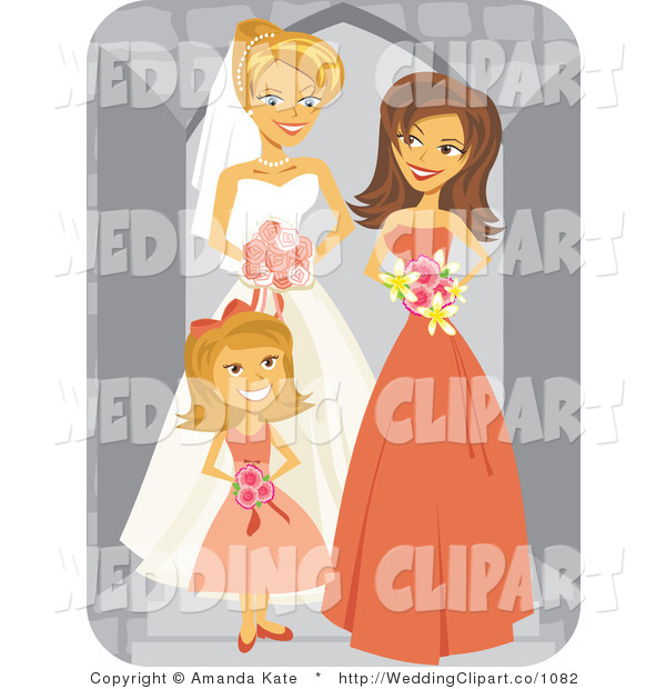     Clipart Of A Wedding Happy Bride Posing With Her Bridesmaid And Flower