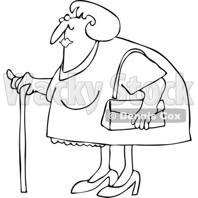 Clipart Outlined Granny Woman Using A Cane   Royalty Free Vector